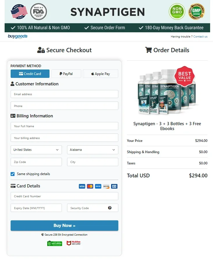 Synaptigen order checkout page